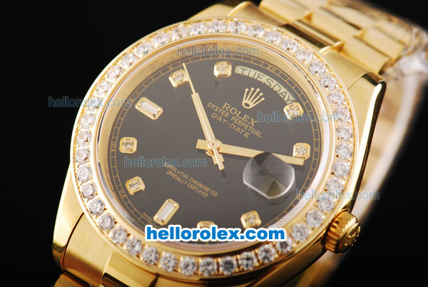 Rolex Day Date II Automatic Movement Full Gold with Diamond Bezel-Black Dial and Diamond Markers - Click Image to Close